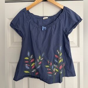Mini Boden Girl’s Size 7-8 Short Sleeve Blue Plant Appliqué Blouse